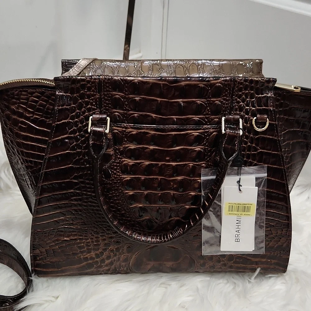🖤▪️BRAHMIN▪️ TAUPE Tempera PRISCILLA Croc Satchel  Python Patchwork + Wallet